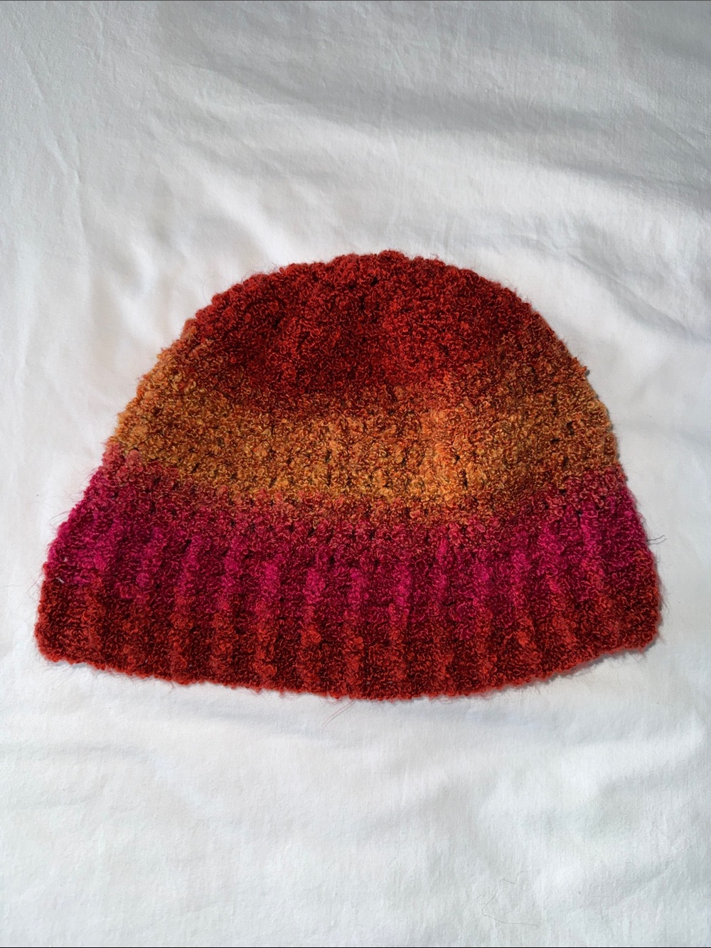 2/$7- Handmade Multicolor Knit Beanie - Warm Ombre Reds, Oranges, Pink